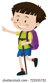 Boy with backpack and walking stick illustration