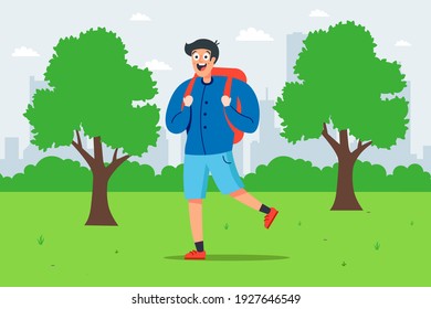 niño con mochila camina por un parque verde. ilustración vectorial plana.