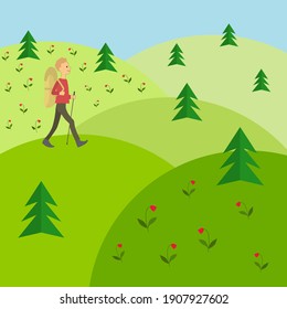 Boy with backpack walks on forest hills in summer. Vector cartoon image.