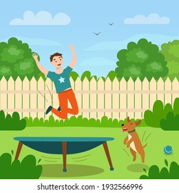 Un niño en el patio trasero salta sobre un trampolín. Ilustración vectorial de verano o primavera brillante. Un adolescente se divierte en su tiempo libre con su perro. Disfrute de su tiempo en el concepto de aire fresco