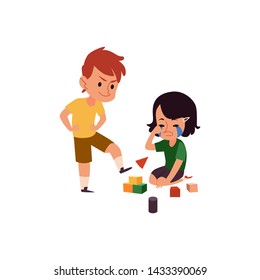 Boy with bad behaviour bullying crying girl, cartoon kid kicking his sister's toy cubes, children in conflict playing with blocks - flat hand drawn vector illustration isolated on white background