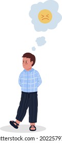 Niño de mal humor de carácter vector de color semiplano. Persona de cuerpo entero sobre blanco. El chico masculino se siente enojado e irritabilidad aislado, ilustraciones modernas de dibujos para el diseño gráfico y la animación