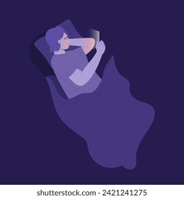 Boy with bad night habit of using smartphone. Teenager suffering from insomnia cartoon vector illustration