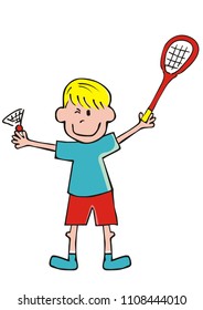 Boy and badminton, funny vector illustration