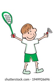 Boy and badminton, funny vector illustration