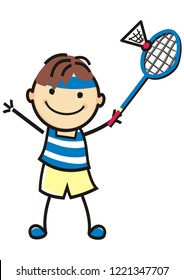 Boy and badminton, single player with racket and ball, funny vector illustration. Colored image. 