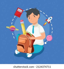 boy with bag and icons design
