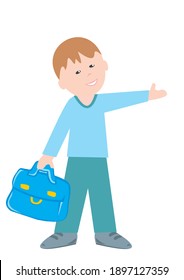 The boy with the bag shows the direction, vector icon