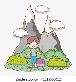 boy with baggage in the ice mountains with clouds