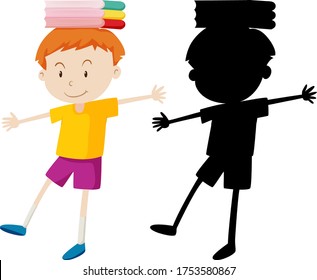 Boy balancing books on his head in color and silhouette illustration