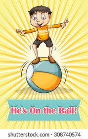 Boy balancing on the ball illustration