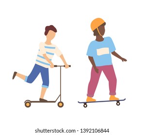 Boy balancing on scooter and skateboarder in helmet isolated cartoon characters. Vector teenage kids having fun, summer sport activities, skateboarding