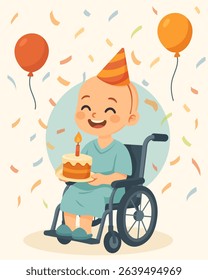 boy with a bald head in a wheelchair in a party hat and a hospital gown with a cake and balloons