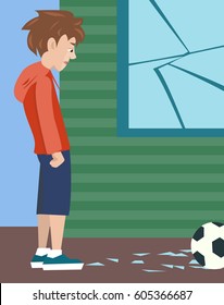 Boy With Ball And Broken Glass, Vector Cartoon Of Problem Child