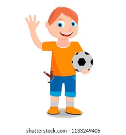 A boy with a ball in his hand is calling his friends to play with him in a football. 
