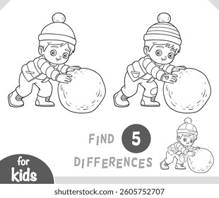 Boy and a ball of snow. Find differences educational game for children. Black and white illustration