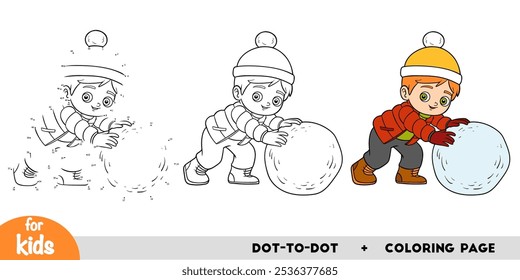 Boy and a ball of snow. Numbers dot to dot game and coloring page, education activity worksheet for children