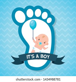 boy balloon footprint greeting card baby shower vector illustration