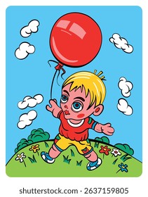 A boy with a balloon in his hand runs through a flower field. Trendy contemporary expressive childish doodle vector handmade drawing illustration. Can be used to make cards, books, banners, presents.