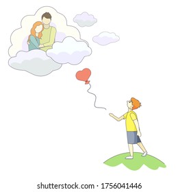 A boy with a balloon missing his dead parents n white isolated background, vector stock illustration for prints on booklets, posters, using as an element of design for websites dedicated to Childhood.