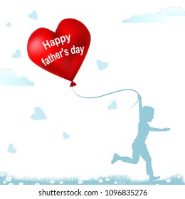 
A boy with a balloon running across the field with flowers.The ball is in the shape of a heart and the words Happy father's day.