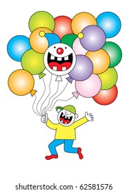 Boy with balloons and a clown, a suitable picture of children's T-shirt