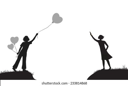 boy with balloons and girl on the two banks greeting each other, date, shadows, 