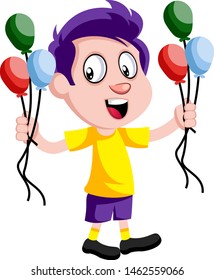 Boy with balloons, illustration, vector on white background.