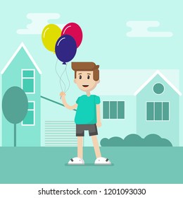 A boy with balloons on the background of the city. Vector
