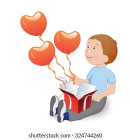 Boy with balloons in the shape of heart