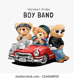 boy band slogan with bear doll boys sitting on red car vector illustration