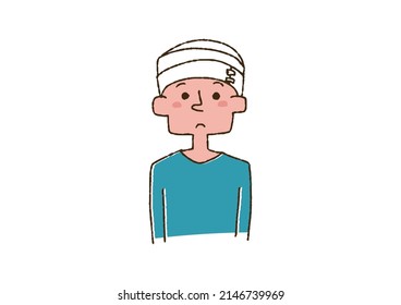 A boy with a bandage on his head, a comical handwritten person, a vector, a line drawing in color