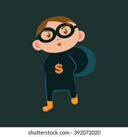 Boy IN Bank Robber Haloween Disguise Funny Flat Vector Illustration On Dark Background