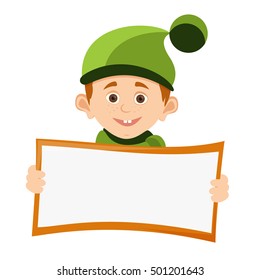 Boy and banner character vector illustration. Cheerful boy and banner showing.smiling boy holds in hand a blank horizontal poster.festive concept for the St. Patrick's day, boy in a green hat 