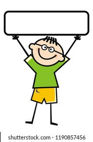 Boy with banner. Creative funny illustration. Concept for marketing campaign. Vector icon, single object. Place for inscription.