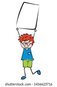 Boy with banner. Creative funny illustration. Concept for marketing campaign. Vector icon, single object.