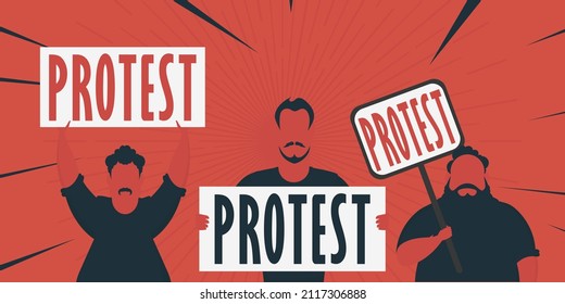Boy with a banner in his hands and text protest Pop art Flat style. Vector illustration.
