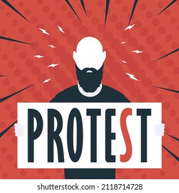 Boy with a banner in his hands and text protest Pop art Cartoon style. Vector illustration