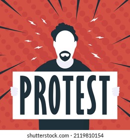 Boy with a banner in his hands and text protest Pop art Flat style. Vector illustration.