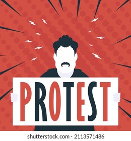 Junge mit Banner und Text Protest Pop Art Flat Stil. Vektorgrafik.