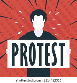 Boy with banner and text protest Pop art Flat style. Vector illustration