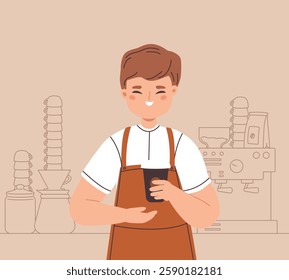 Boy barista holding mug of coffee. Happy guy with take away cup, coffee to go. Cafeteria cafe bar service worker in uniform, student work, vector character