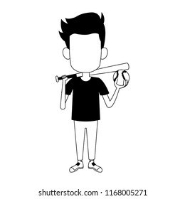 Boy with baseball bat and ball in black and white