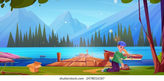 Boy with baseball bat picking dirty ball near mountain lake. Vector cartoon illustration of happy kid standing on knees near water, green grass, old wooden pier and boat on river, forest on horizon