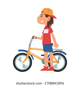 Boy in Baseball Cap Standing with Bike, Teenager Bicyclist, Side View, Summer Outdoor Activity Cartoon Vector Illustration
