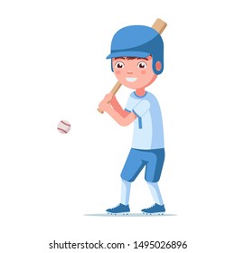 Boy Baseball Player In A Helmet And Sports Uniform Hits The Ball. Small Child Plays Baseball And Prepares To Hit. Vector Illustration Isolated On White, Flat Style.