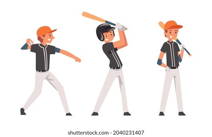 Boy as Baseball Player on Sport Field Playing Bat-and-ball Game Vector Set