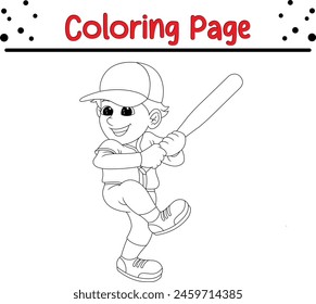 boy baseball player posing coloring page for kids. Black and white illustration for coloring book