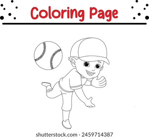 boy baseball player posing coloring page for kids. Black and white illustration for coloring book