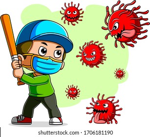 A boy baseball player wearing mask fight corona virus of illustration